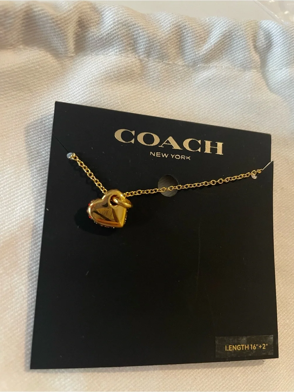 COACH Gold Heart Pendant Necklace with Pink and Red Crystals